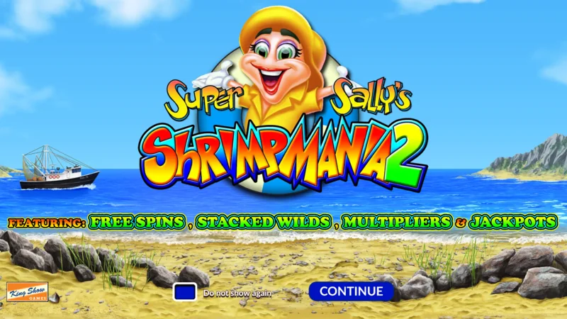 Super Sally's Shrimpmania 2 - tela principal com bobinas 5x4 e grade de 40 linhas de pagamento